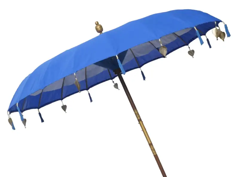 Product image of the product “Bali umbrella , turquoise with wooden coins and gold leaves hanging around the edge. Approx. 230cm dia. and 250cm height ”